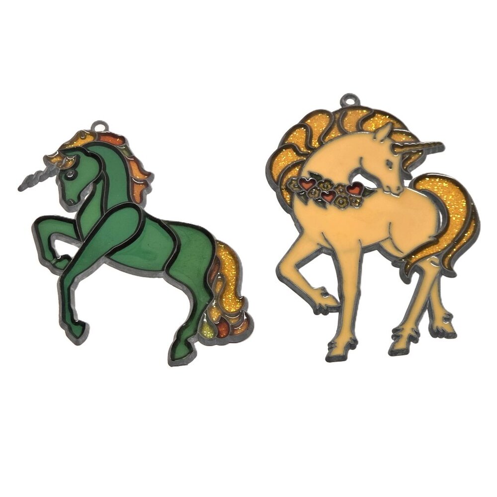 Vintage Unicorn Suncatcher Ornament Lot x2 Makit Bakit Stained Glass Green Set